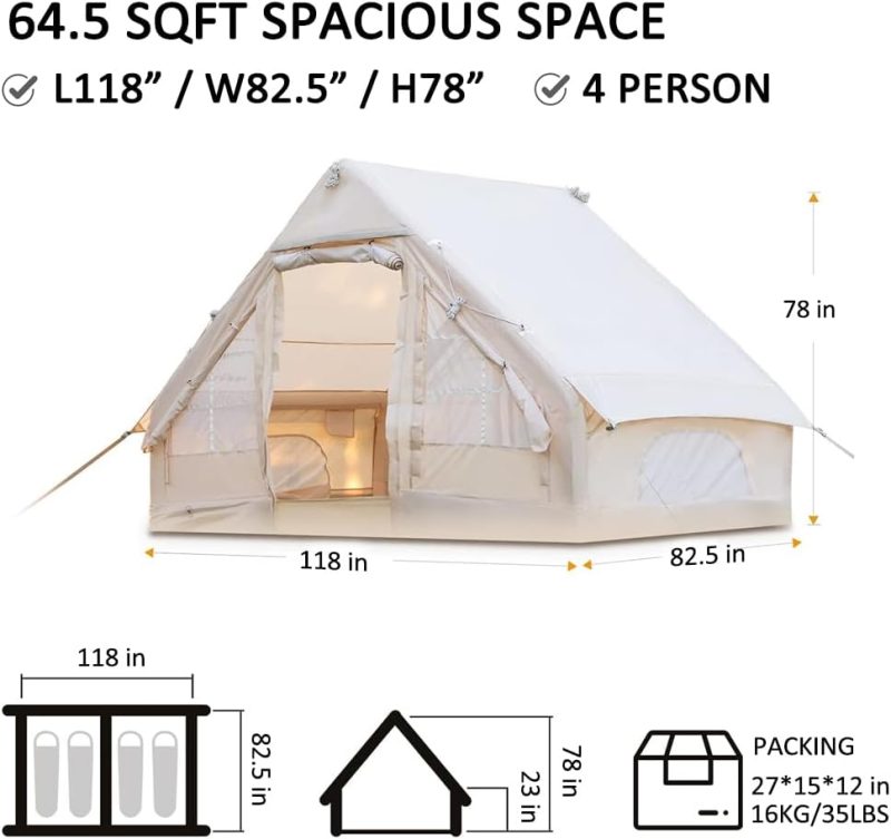 Inflatable Camping Tent with Pump, Easy Setup 4 Season Glamping Tent with High Performance Inflatable Structure, 4-6 Persons Waterproof Windproof Outdoor Self-Supporting Air Tent - Image 2