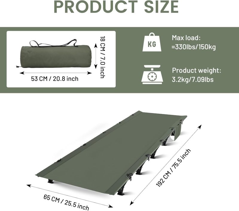 Camping Cot, Ultralight Folding Backpacking Cot, Outdoor Bed Supports 320lbs, Portable Camping Bed for Adults for Camping Hiking Travel Home Army Green - Image 2