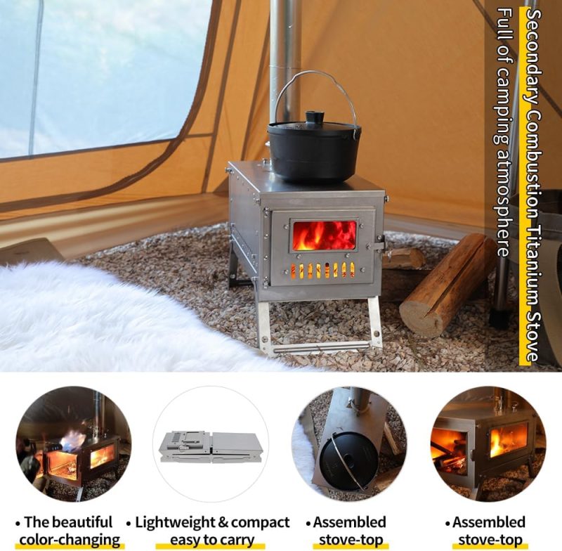 Titanium Secondary Combustion Wood Stove ' 1.0' Folding Lightweight Compact Color-changing Durable Portable Hiking Bushcraft Cooking Heating Wood Burning Outdoor Camping Firewood Stove - Image 2