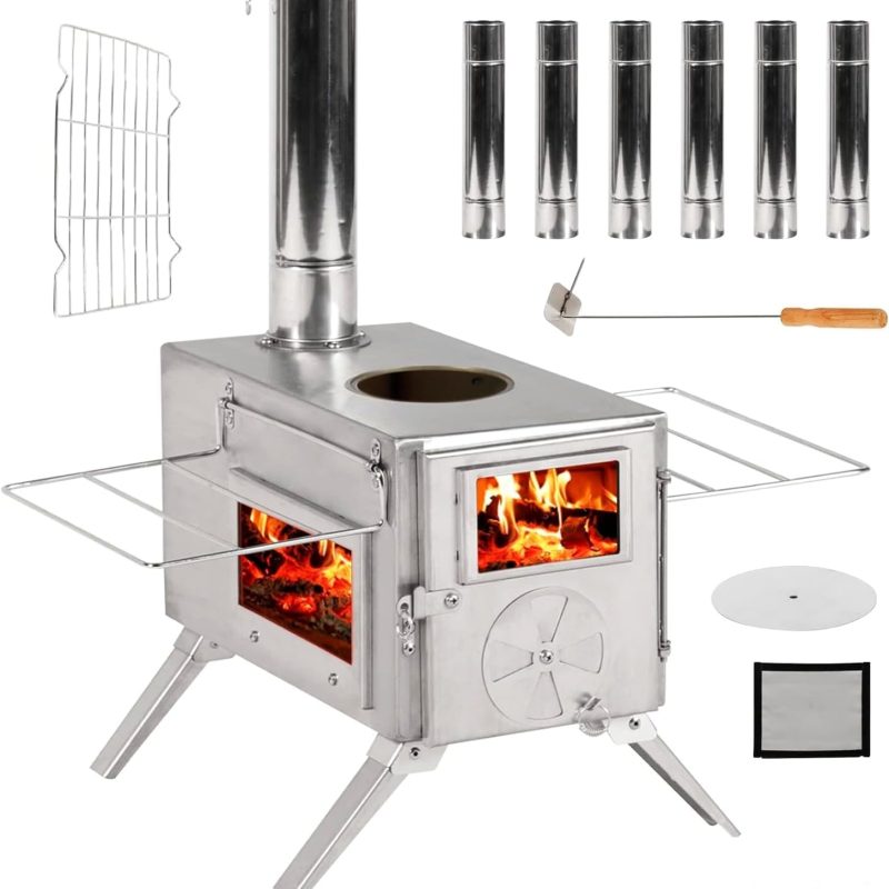Tent Stove, Hot Wood Tent Stove Wood Burning Heater for Camping, Small Portable Ultralight Tent Stove Stainless Steel with Chimney Pipes for Outdoor, Camping, Cooking, Heating, Indoor