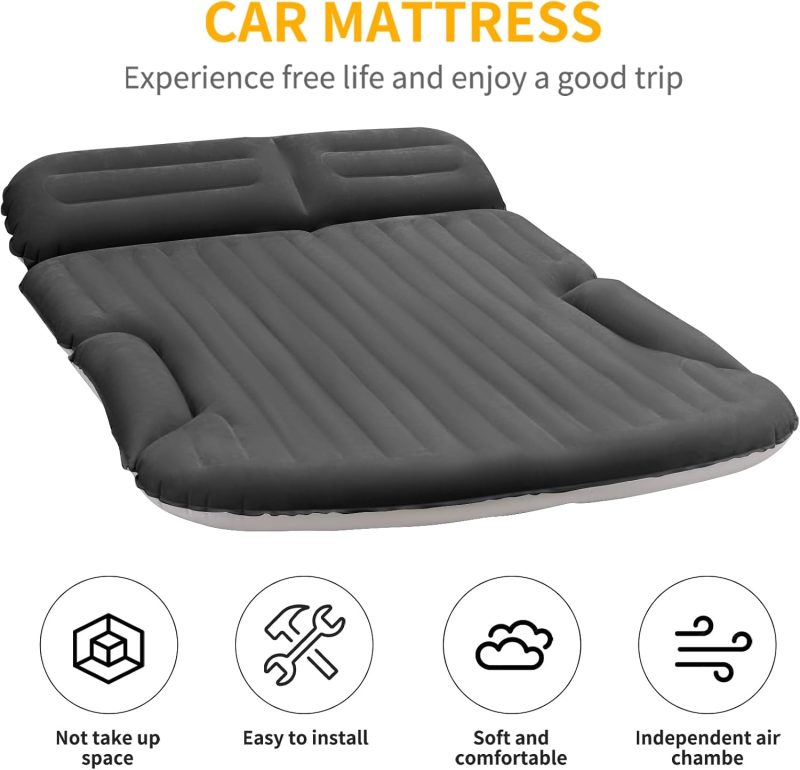 Air Mattress Thickened and Double-Sided Flocking Travel Camping Bed with 2 Pillows & Electric Pump Dedicated Mobile Cushion Inflatable Bed for  Trunk and Rear Seat (Dark Gray) - Image 2