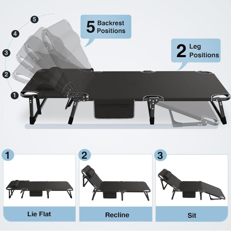 Camping Cot 5+2 Positions Adjustable Reclining Folding Camping Cot Sleeping Bed Cots for Adults Outdoor Portable Chaise Lounge Chair W/Carry Bag Pillow Cushion for Home Nap Beach Travel - Image 2