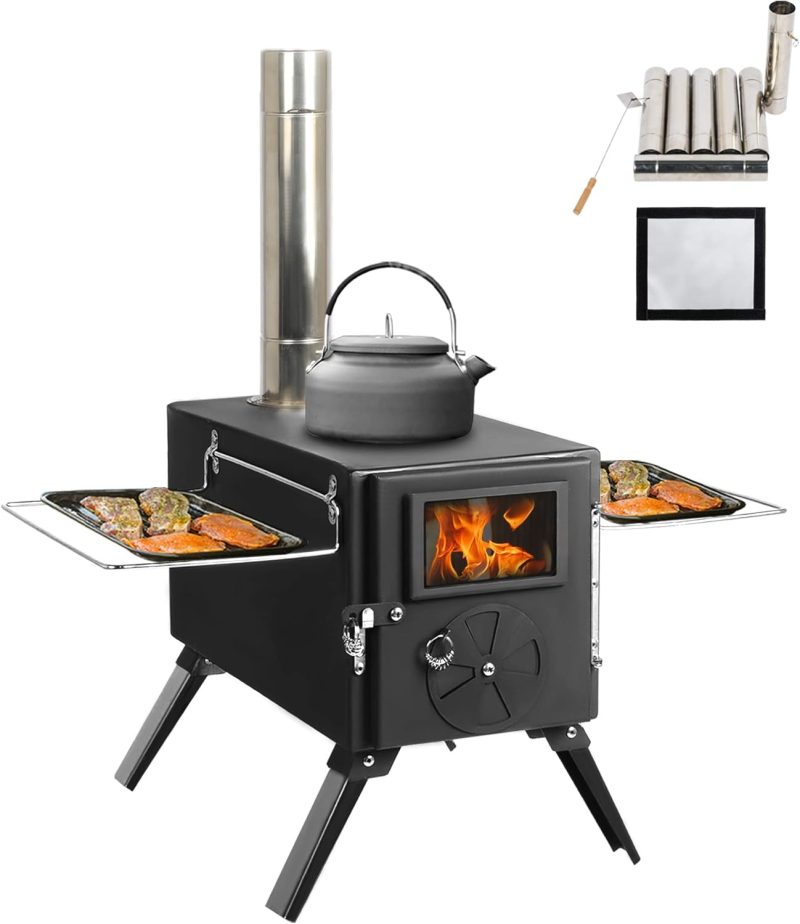 Outdoor Portable Wood Burning Stove, Heating Burner Stove for Tent,Camping, Ice-fishing, Cookout, Hiking, Travel, Includes Pipe Tent Stove+Tent Stove Jack