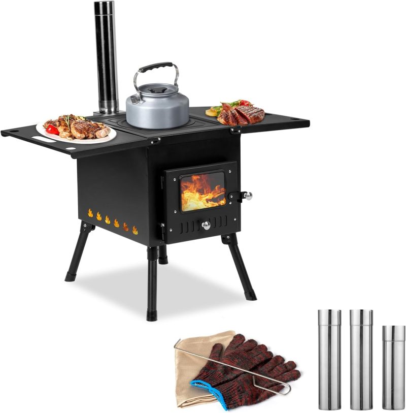 Camping Wood Stove, Outdoor Portable Tent Wood Burning Stove with Stainless Chimney Pipes, Tent Stove Jack & Gloves for Outdoor Camping Cooking and Heating 1-2 People Use(Black)