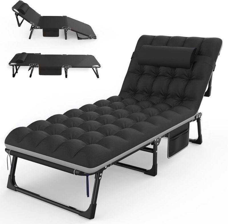 Camping Cot 5+2 Positions Adjustable Reclining Folding Camping Cot Sleeping Bed Cots for Adults Outdoor Portable Chaise Lounge Chair W/Carry Bag Pillow Cushion for Home Nap Beach Travel