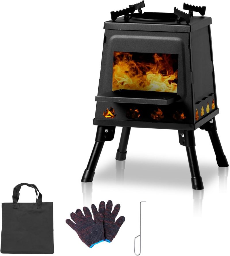 Wood Burning Camp Stove, Detachable Portable Cast Iron Camping Wood Stove for Picnic Hunting Fishing  Backpacking Hiking Survival Heating Emergency Outdoor Cooking with Grill Grid Carry Bag
