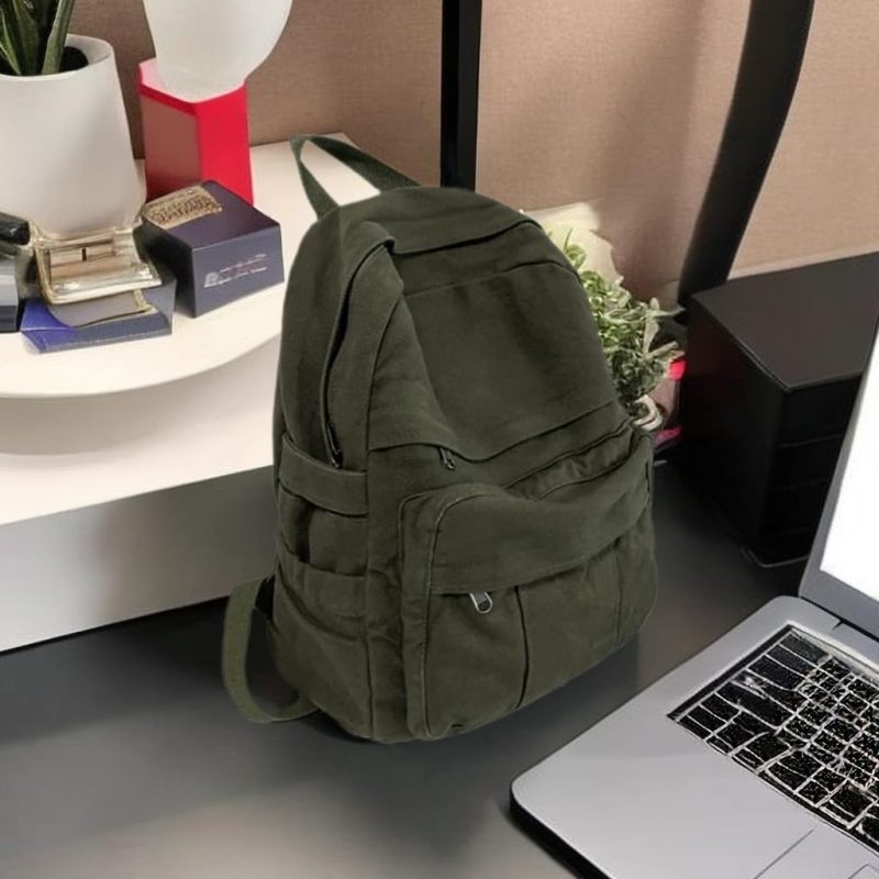 Canvas Backpack for Women Cute Backpack for Women Vintage Laptop Aesthetic Knapsack-Army Green - Image 2