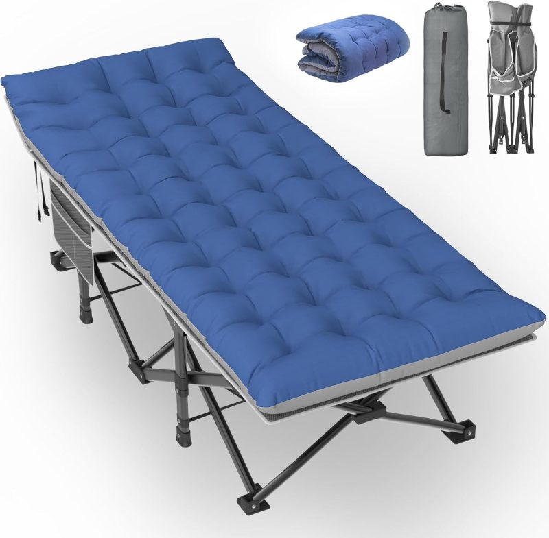 Oversized Camping Cot XXL, Folding Cot for Adults,79" L x 32" W x 19" H Camp Cot, Sleeping Cot with Mattress, Carry Bag, Cot Bed for Tent, Office, Support 500lbs, Grey Cot+ Blue Pad
