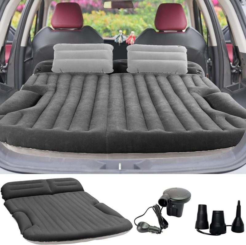 Air Mattress Thickened and Double-Sided Flocking Travel Camping Bed with 2 Pillows & Electric Pump Dedicated Mobile Cushion Inflatable Bed for  Trunk and Rear Seat (Dark Gray)
