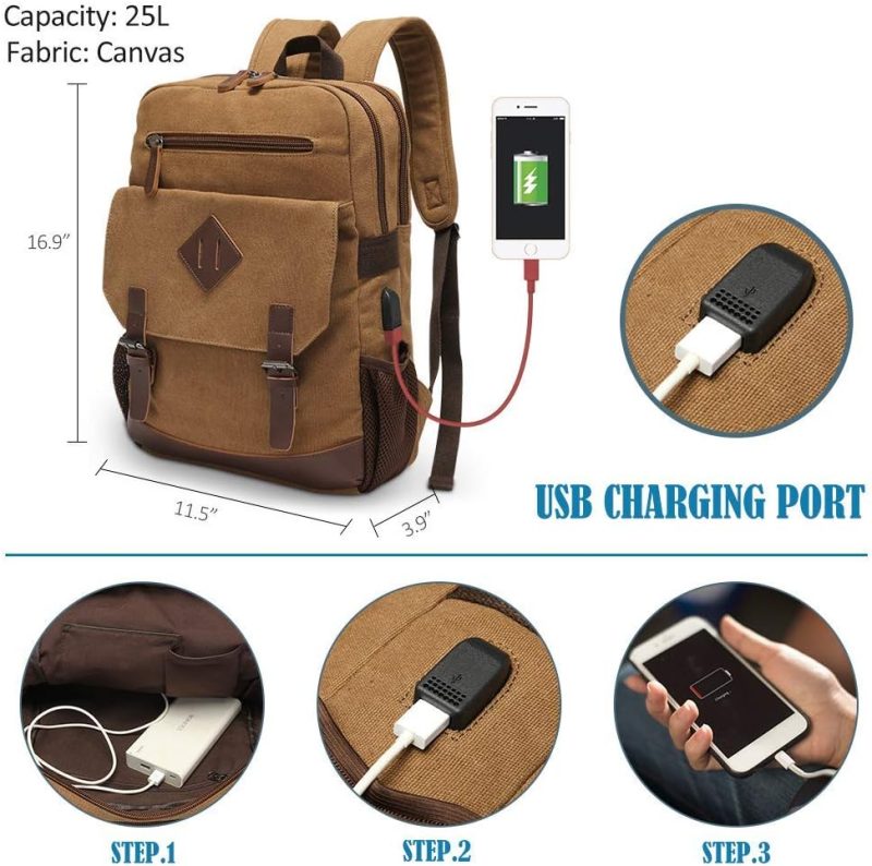 Canvas Backpack for Men Women, Vintage Rucksack Fits Most 15.6 Inch Laptop, Bookbag with  Charging Port, Brown - Image 2
