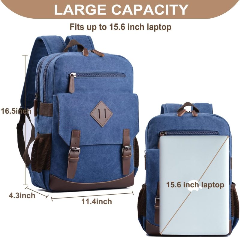 Canvas Vintage Laptop Backpack for Women Men，College Bookbag Fits 15.6 Inch Laptop (Blue) - Image 2