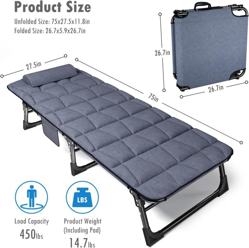 Folding Camping Cot for Adults with Padded Mattress and Pillow, Adjustable Reclining Lounger Sleeping Cot Bed, Ideal for Camping, Travel, Garden, or Office Use, Blue - Image 2