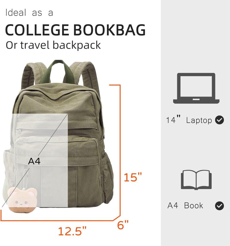 Medium Canvas Laptop Backpack for Women, Girls School Backpacks Vintage College Bookbag, Dark Green - Image 2