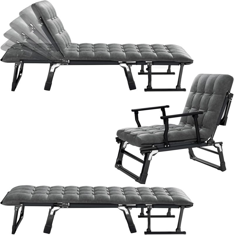 Folding Chaise Lounge Chair, Portable Camping Cot for Adults, 6-Position Lounge Chair, Heavy Duty Sleeping Cot with Thick Mattress Pad, Outdoor Bed Reclining Chair for Patio Lawn Pool Beach, Grey