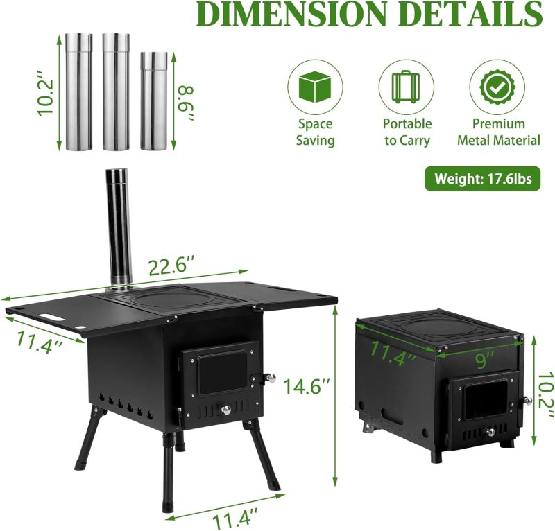 Camping Wood Stove, Outdoor Portable Tent Wood Burning Stove with Stainless Chimney Pipes, Tent Stove Jack & Gloves for Outdoor Camping Cooking and Heating 1-2 People Use(Black) - Image 2