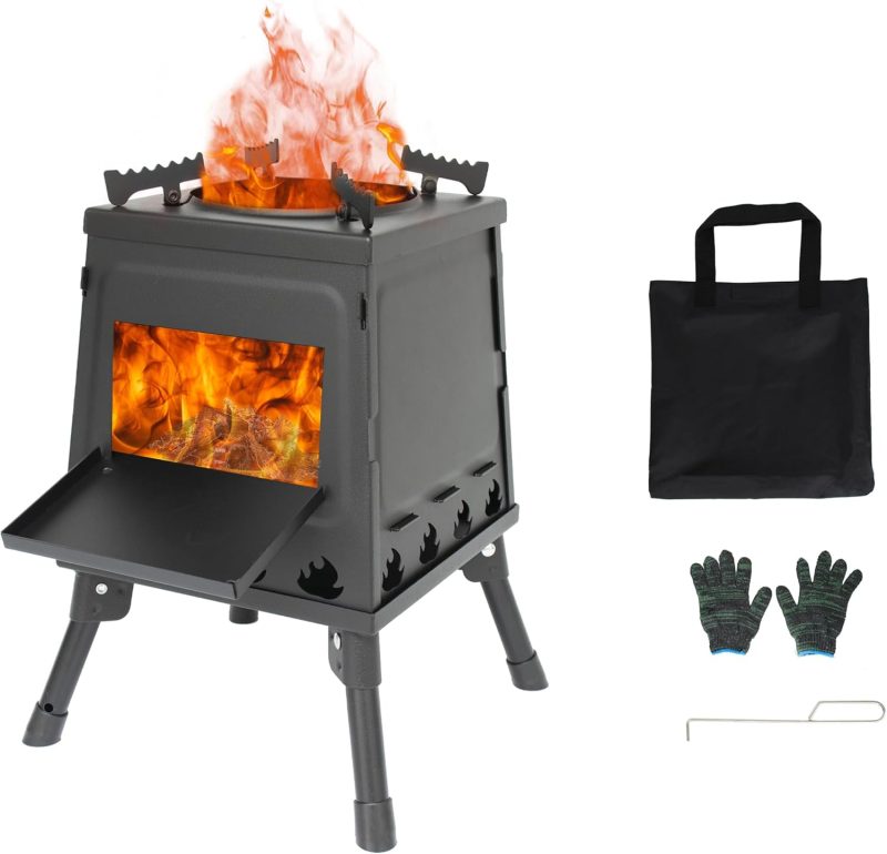 Camping Wood Stove, Portable Wood Burning Stove, Backpacking Folding Camp Tent Heat Mini Outdoor Stove with Carrying Bag, for Cooking Heating Picnic hiking  Travel RV