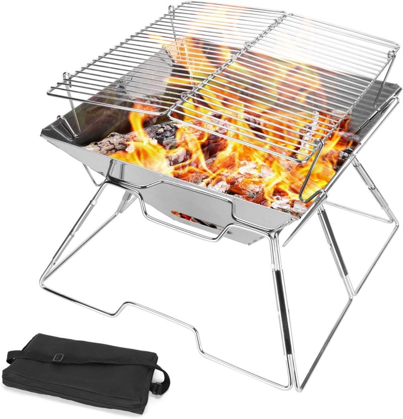 Folding Campfire Grill, 304 Stainless Steel Grate Barbeque Grill, Portable Camping Grill with Legs for Picnics, Backpacking, Outdoor with Carrying Bag and Kitchen Tongs