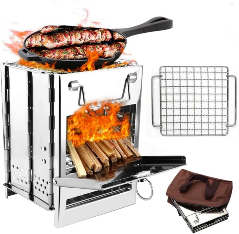 Camping Wood Burning Stove with Carry Bag,Foldable Camp Stove,Stainless Steel Collapsible Backpacking Survival Stove,Campfire Stove,Outdoor Folding Lightweight Stove for ,Cooking,Picnic,Hiking