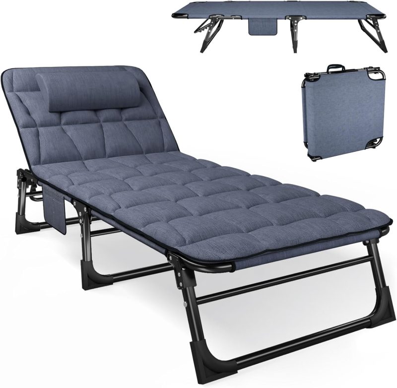 Folding Camping Cot for Adults with Padded Mattress and Pillow, Adjustable Reclining Lounger Sleeping Cot Bed, Ideal for Camping, Travel, Garden, or Office Use, Blue