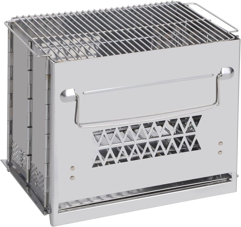 Wood Burning Folding Camp Stove Stainless Steel Grill, Rectangle Style Portable Collapsible Backpacking Stove Survival Rocket Stove for Hiking Outdoor Tent Camping Picnic , Large