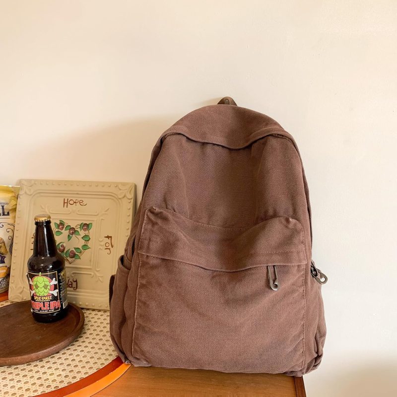 Vintage Canvas Backpack for Women  Cute Boho School Backpack Casual Y2K Aesthetic Backpack (Coffee) - Image 2