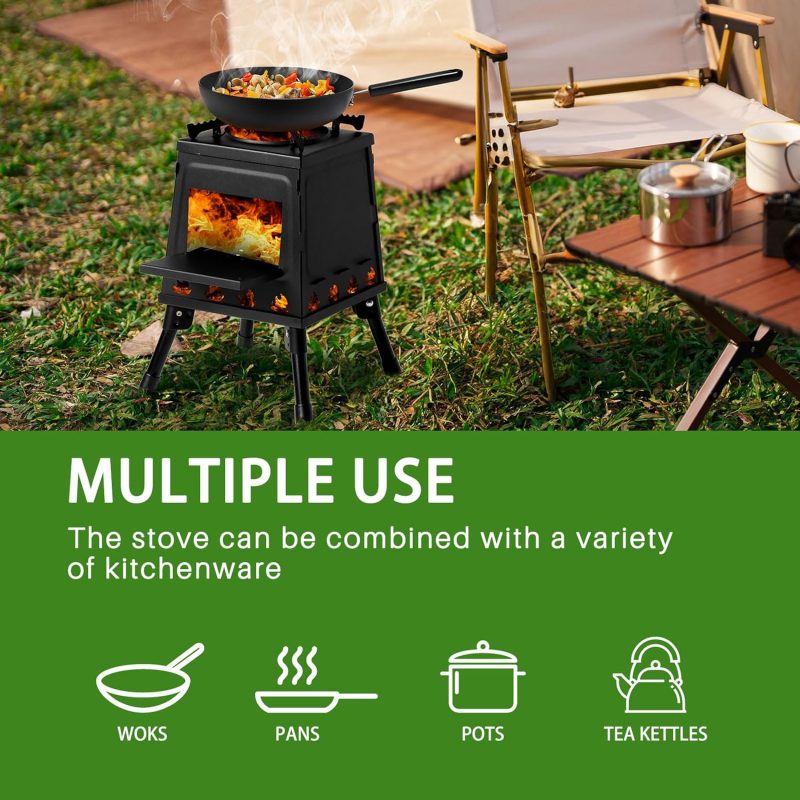 Wood Burning Camp Stove, Detachable Portable Cast Iron Camping Wood Stove for Picnic Hunting Fishing  Backpacking Hiking Survival Heating Emergency Outdoor Cooking with Grill Grid Carry Bag - Image 2