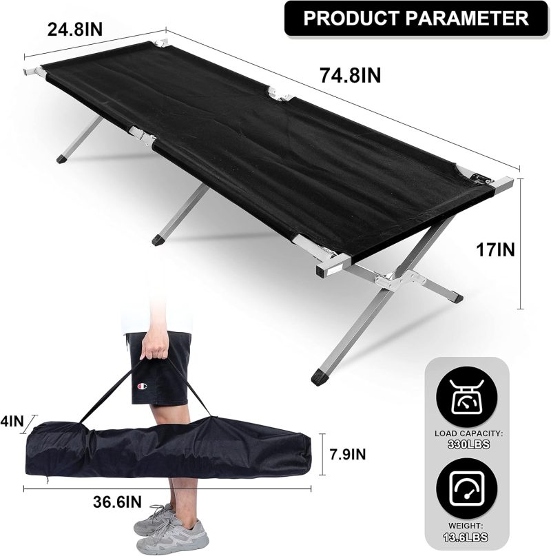 Folding Camping Cot with Storage Bag for Adults, Portable and Lightweight Sleeping Bed for Outdoor Traveling, Hiking, Easy to Set up (Color: Black), 2 Pack - Image 2