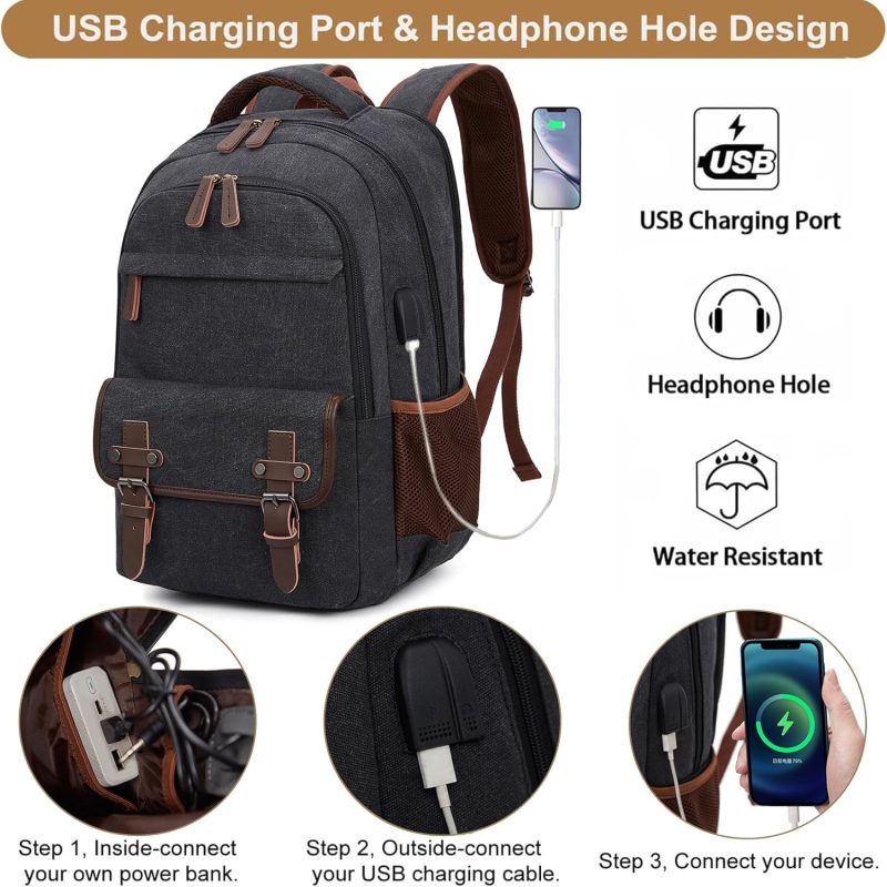 Canvas Laptop Backpack for Men Women,Travel Work Rucksack Fits 15.6 Inch Laptop, Bookbag with  Charging Port - Image 2
