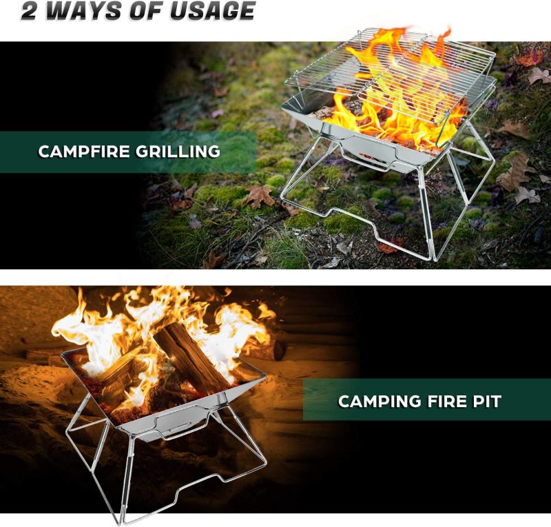 Folding Campfire Grill, 304 Stainless Steel Grate Barbeque Grill, Portable Camping Grill with Legs for Picnics, Backpacking, Outdoor with Carrying Bag and Kitchen Tongs - Image 2