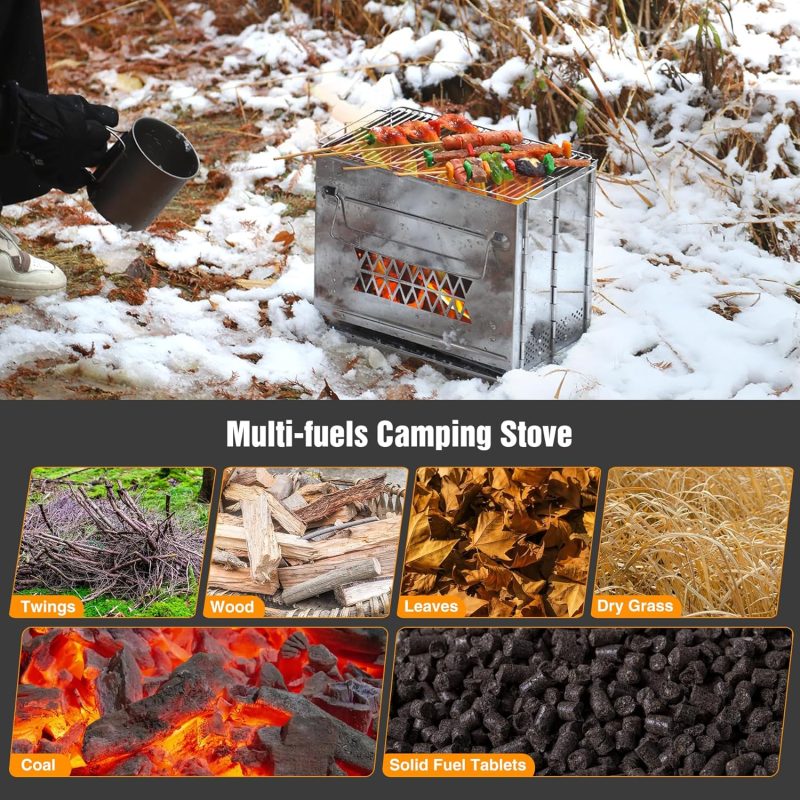 Wood Burning Folding Camp Stove Stainless Steel Grill, Rectangle Style Portable Collapsible Backpacking Stove Survival Rocket Stove for Hiking Outdoor Tent Camping Picnic , Large - Image 2