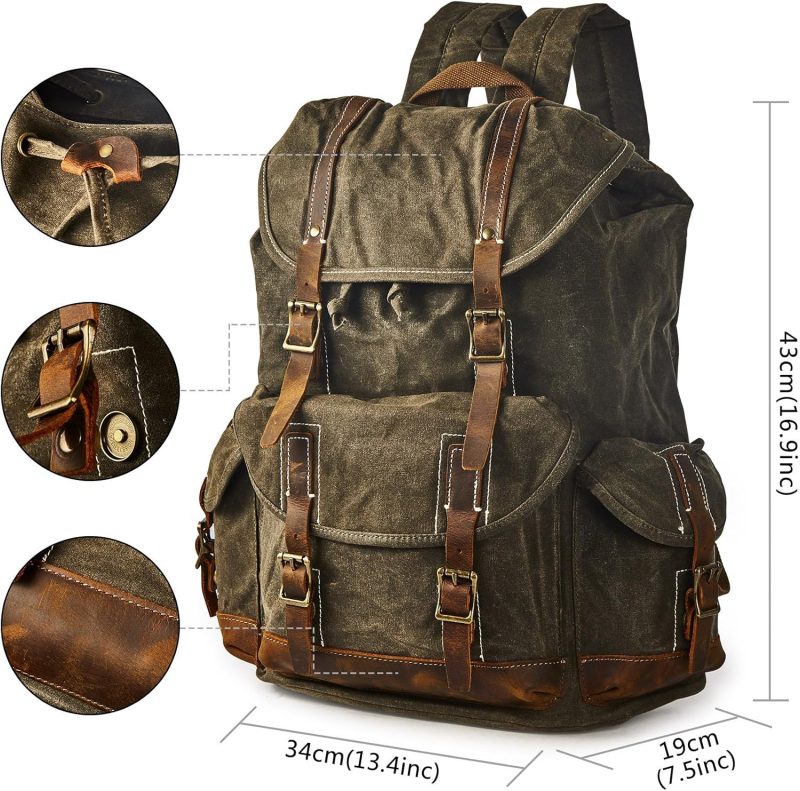 Heavy Duty Waxed Canvas Vintage Backpack for Men Women Trim Casual 15.6" laptop Travel Rucksack Shoulder Rucksack for Travel - Image 2
